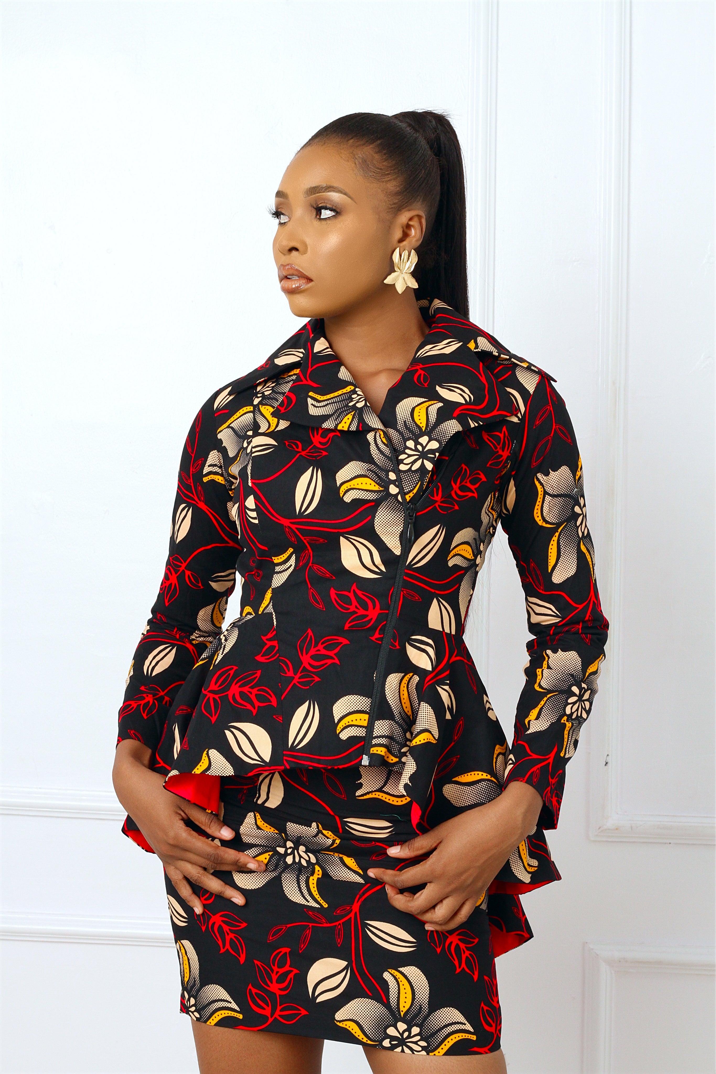 Deola African Print Biker Jacket & Skirt Set