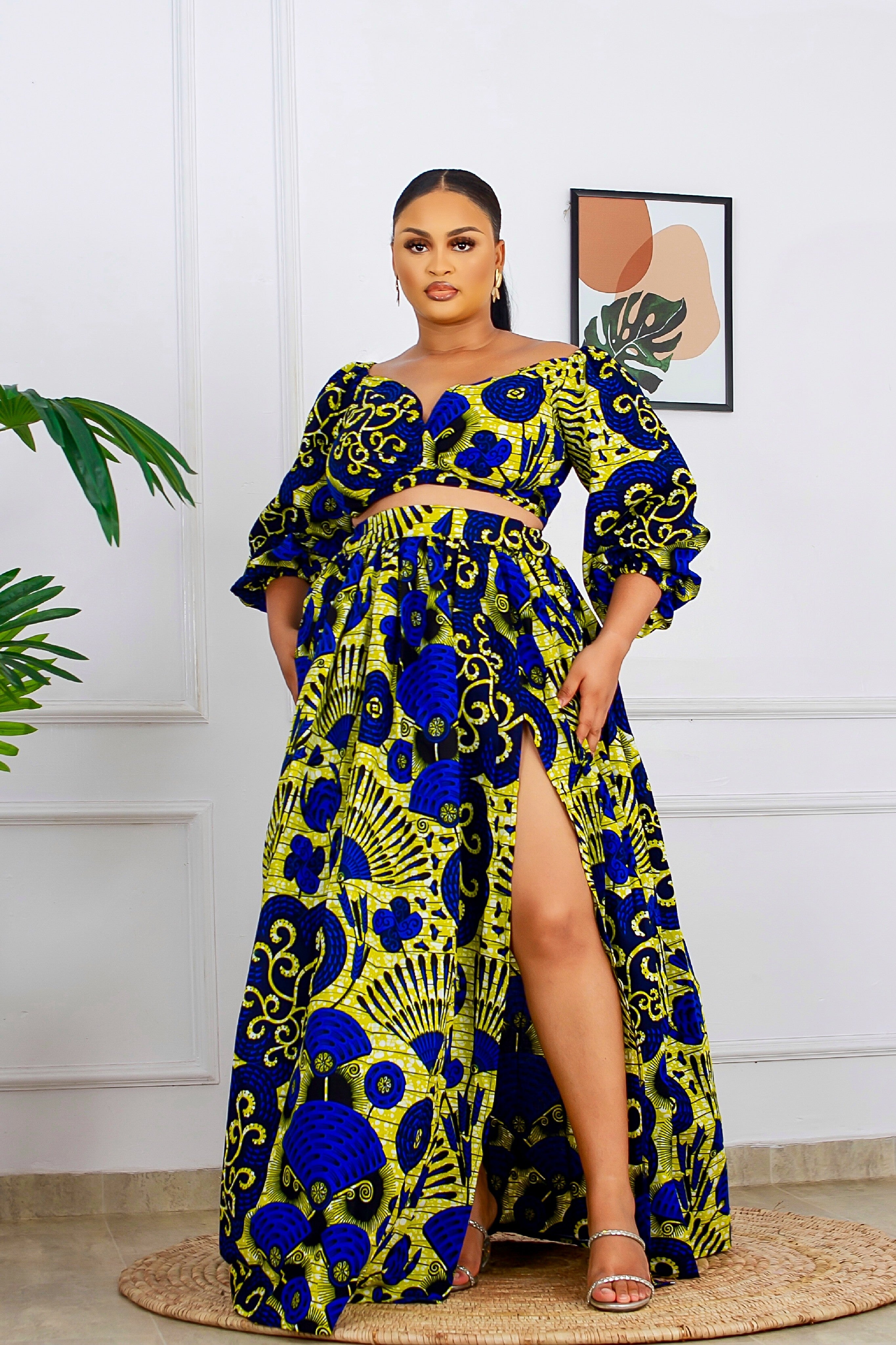 Fara African Print Top & Maxi Skirt Set (Blue)