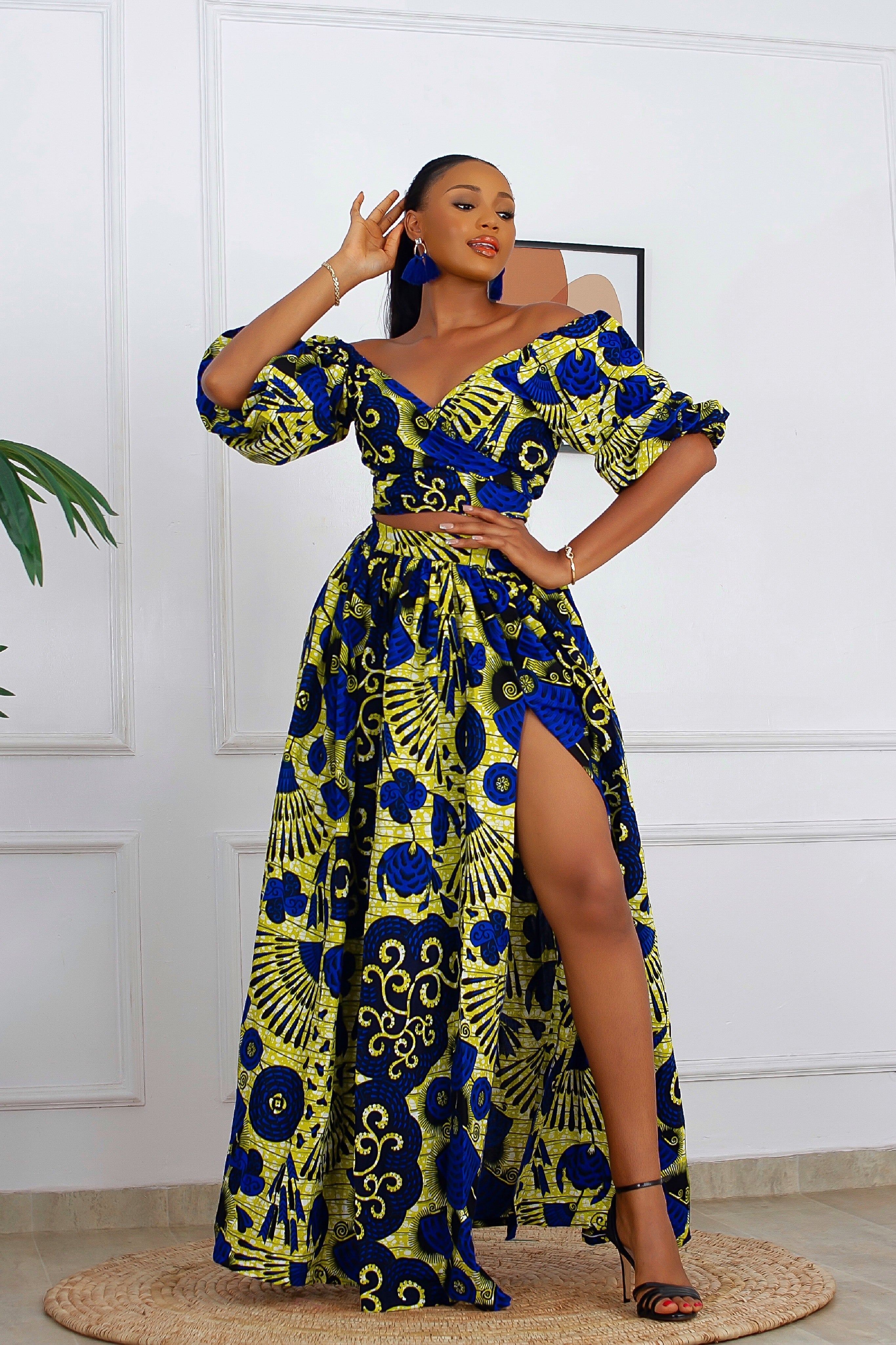 Fara African Print Top & Maxi Skirt Set (Blue)