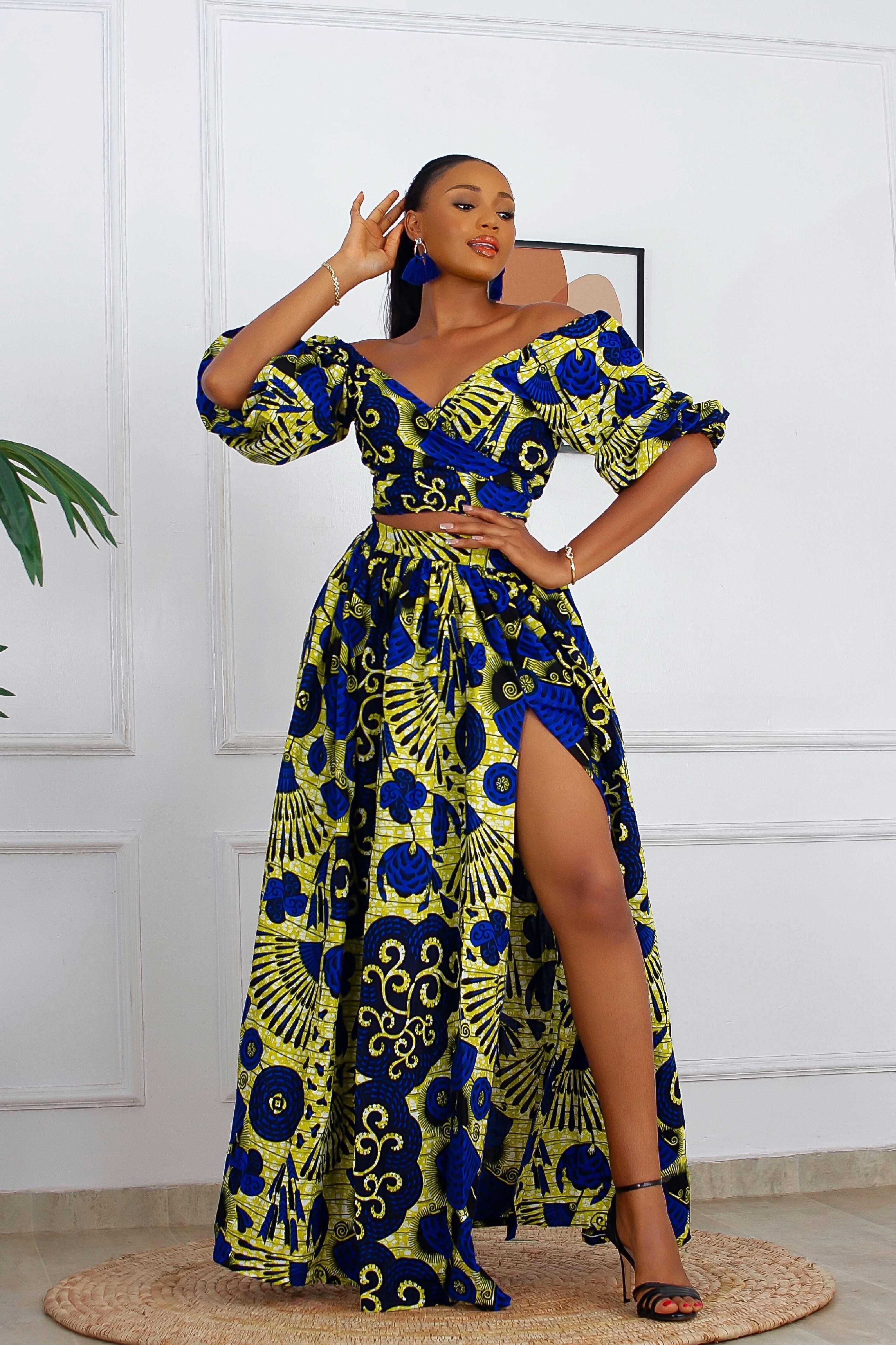 Fara African Print Top & Maxi Skirt Set (Blue) NIKI KAY