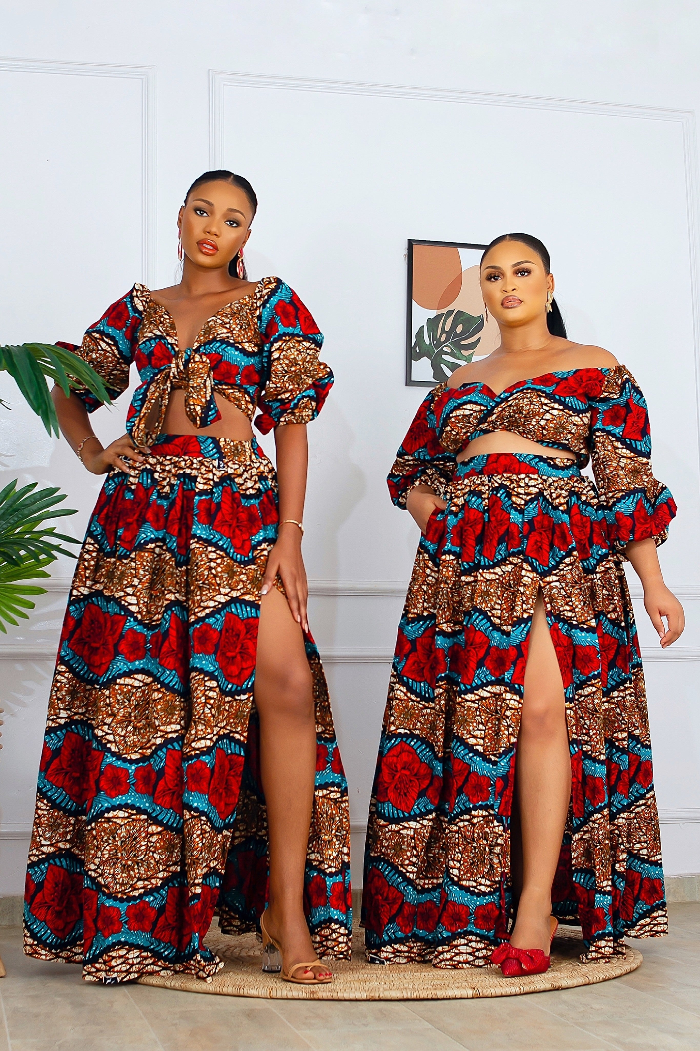 Fara African Print Top & Maxi Skirt Set (Red)