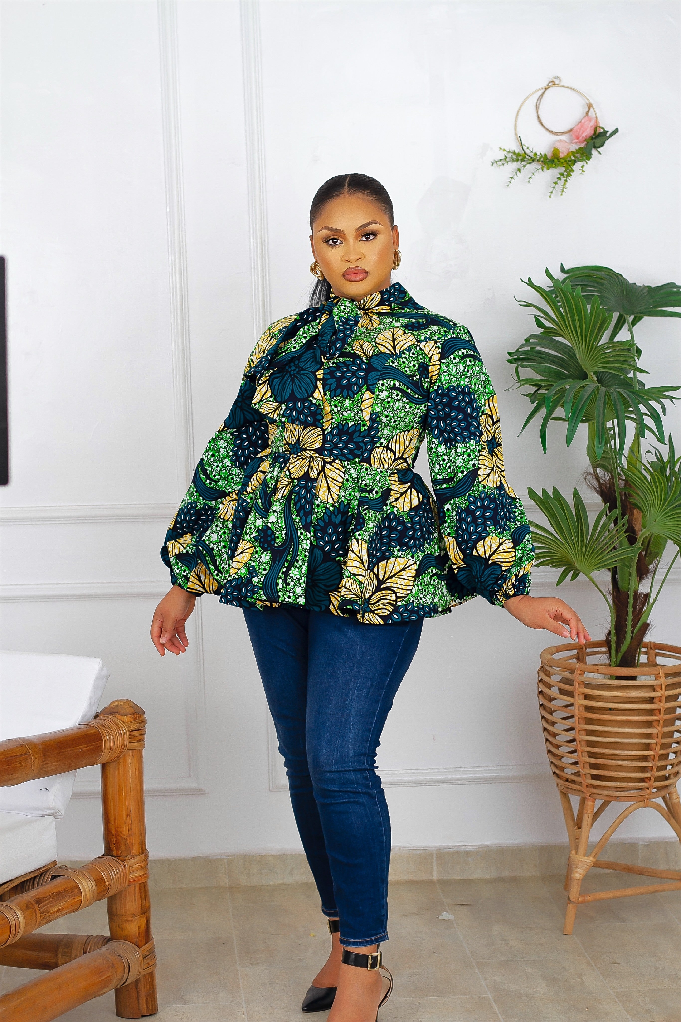 Idara African Print Peplum Top (Green)