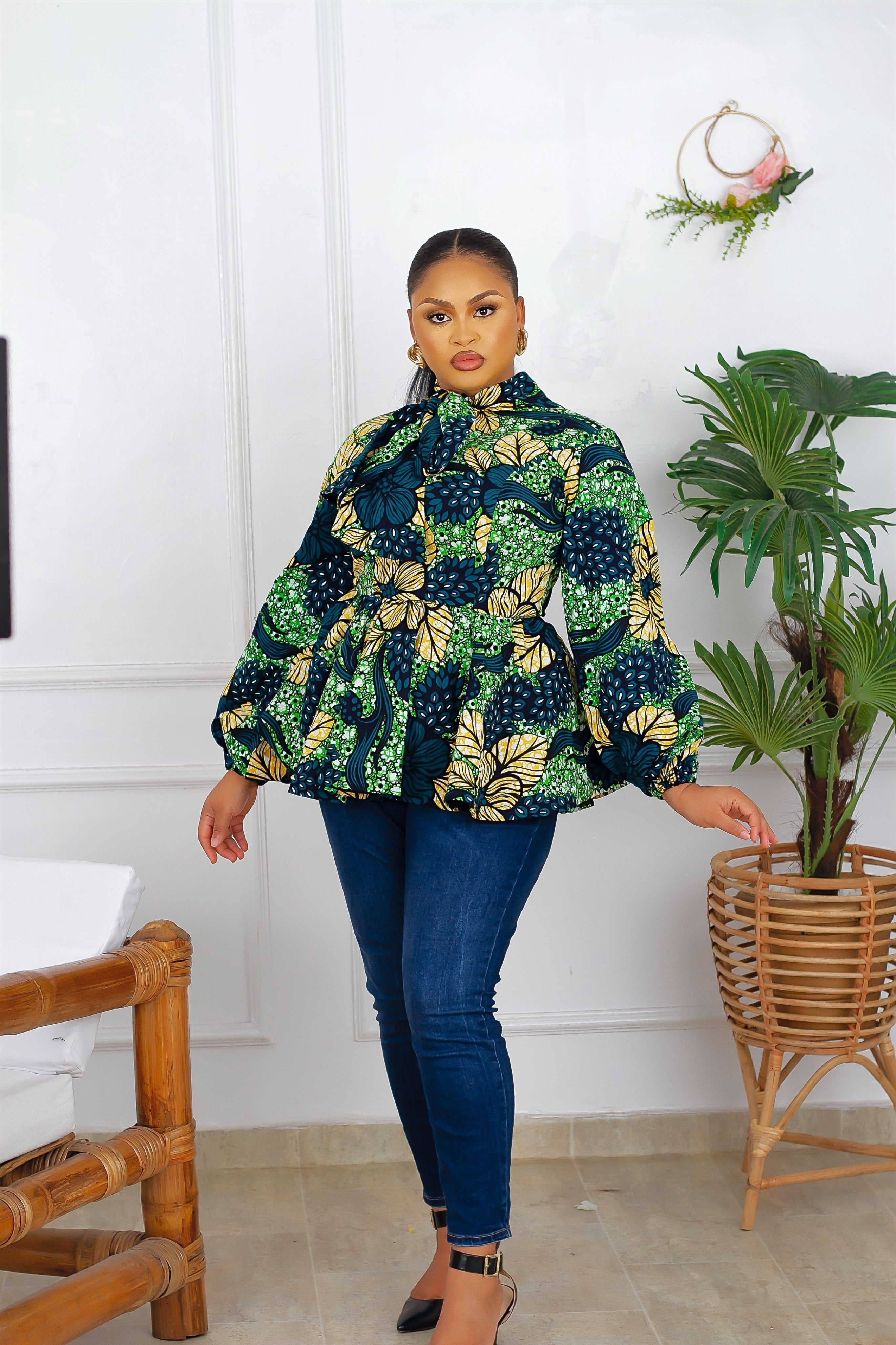Idara African Print Peplum Top (Green) NIKI KAY