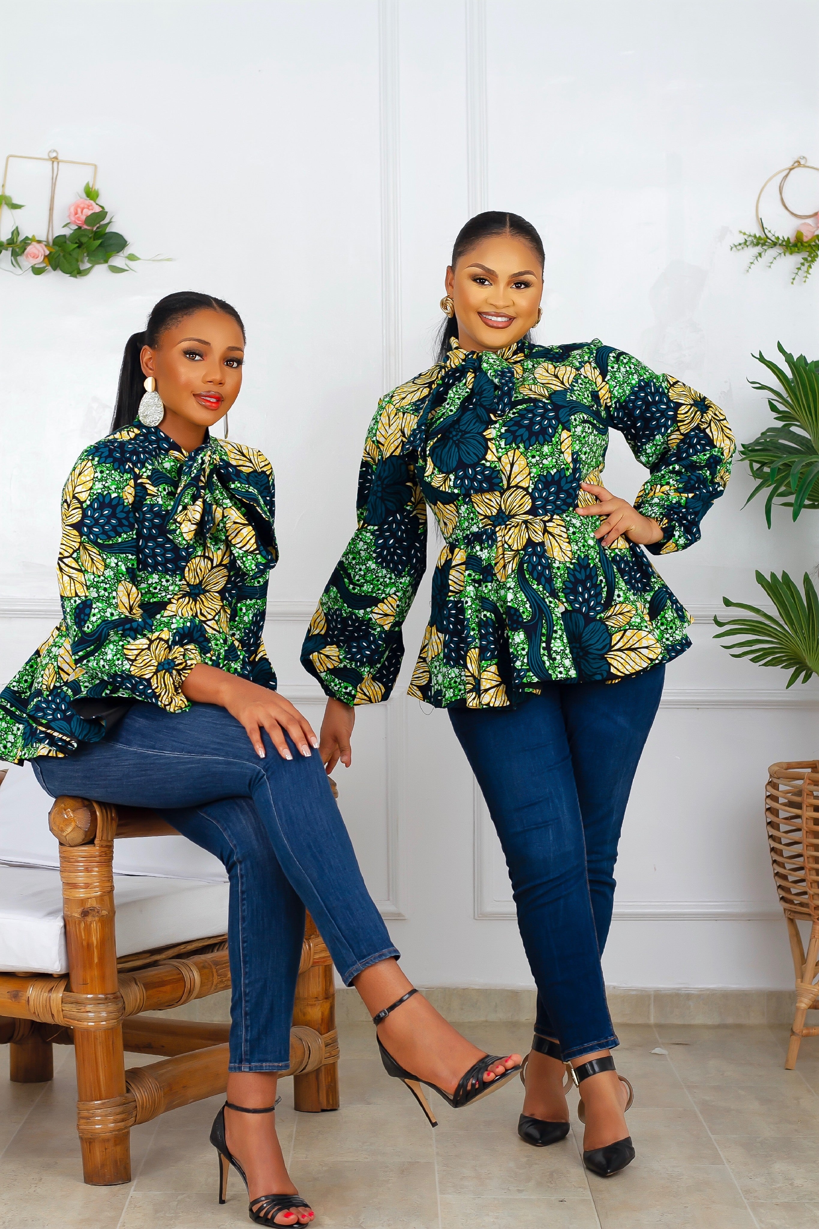 Idara African Print Peplum Top (Green) NIKI KAY