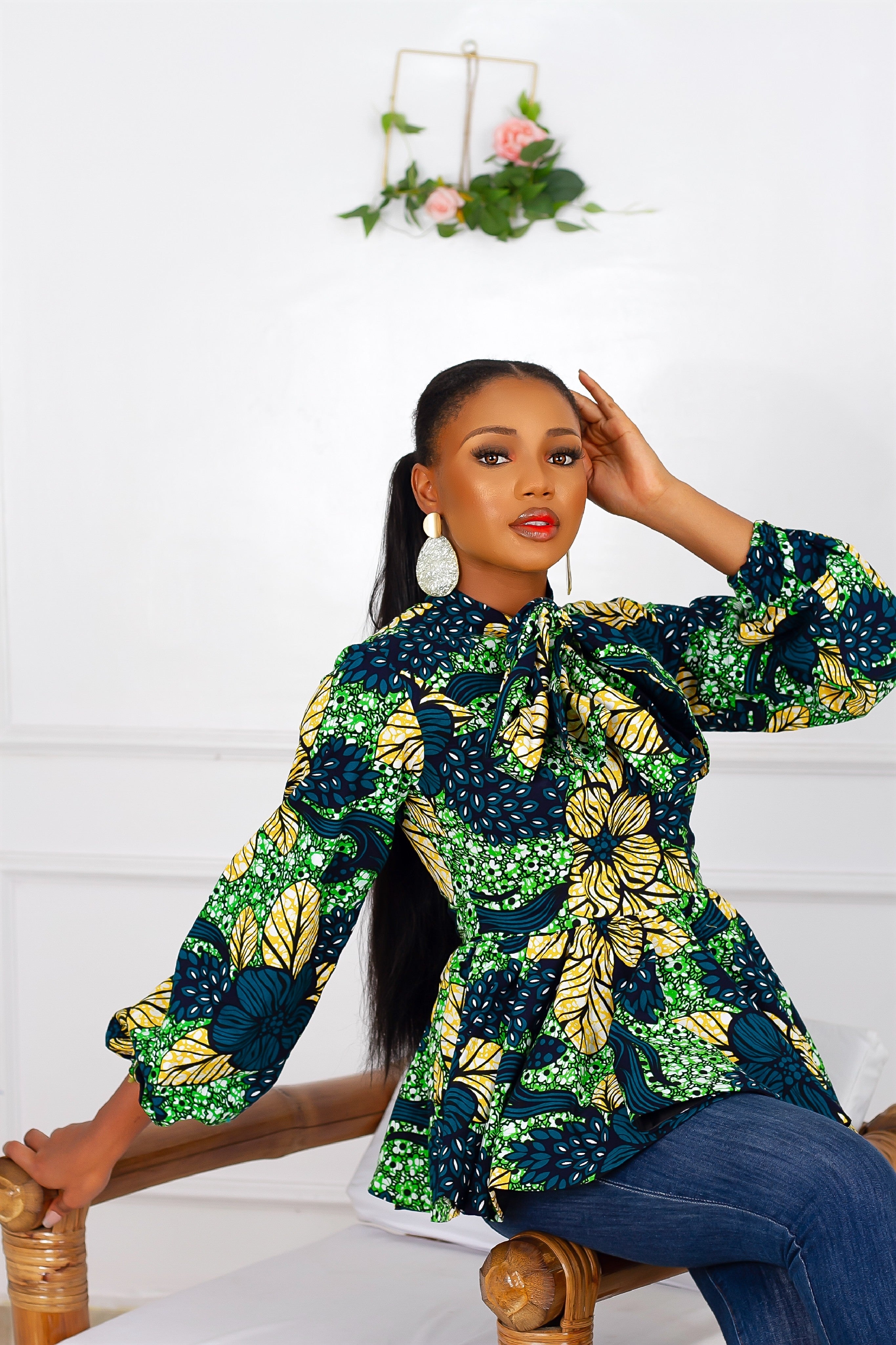 Idara African Print Peplum Top (Green)