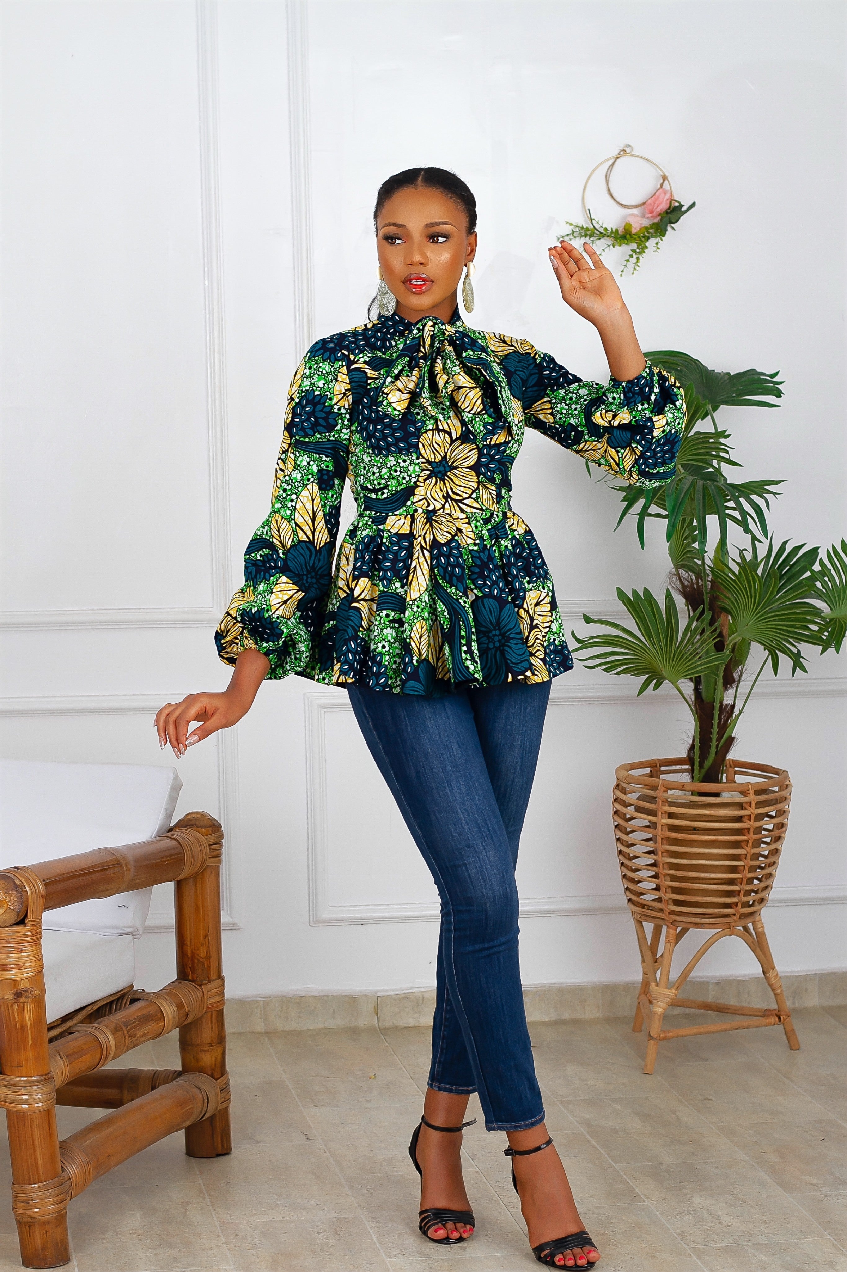 Idara African Print Peplum Top (Green) NIKI KAY