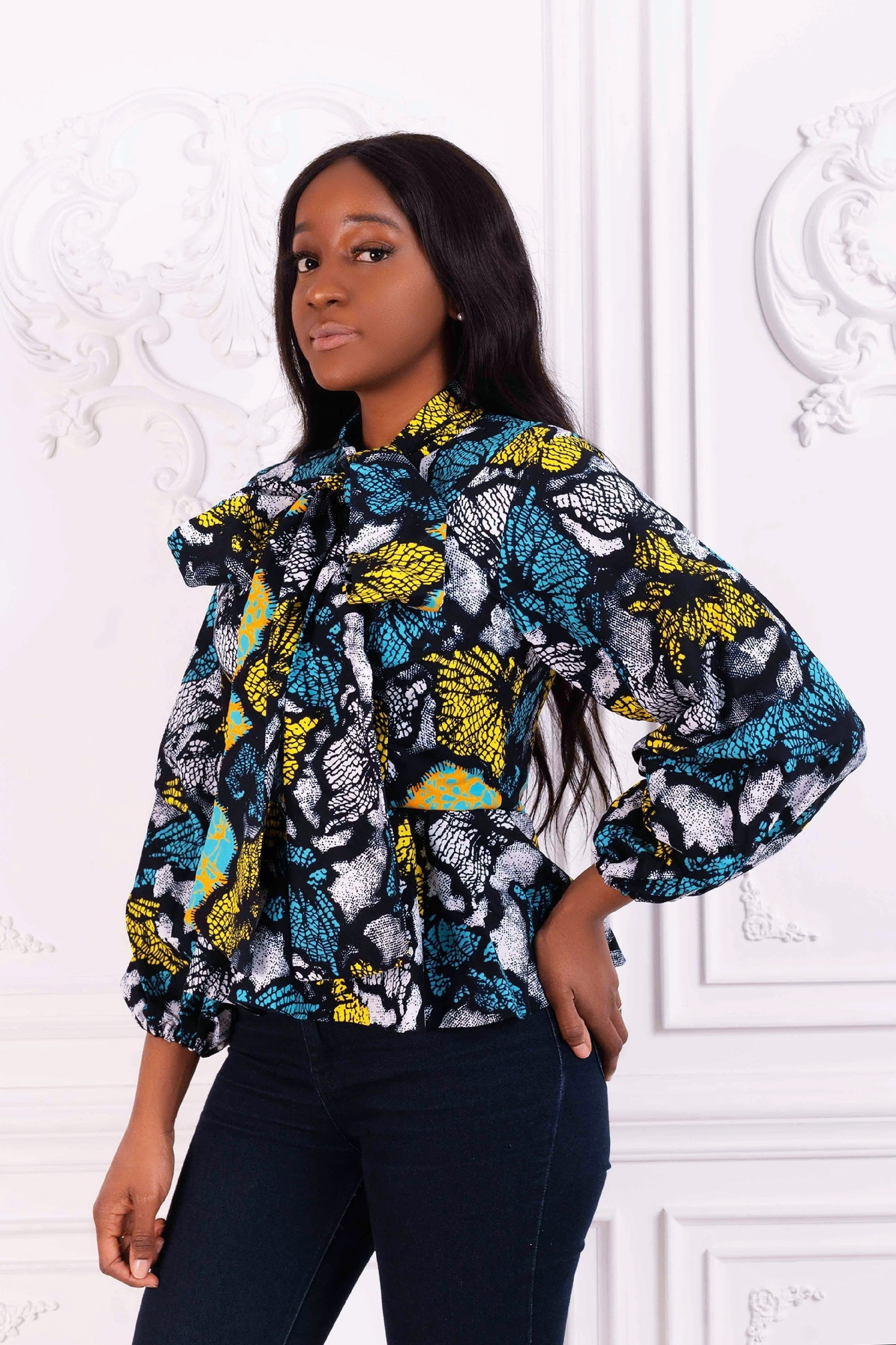 Idara African Print Peplum Top (Teal) NIKI KAY