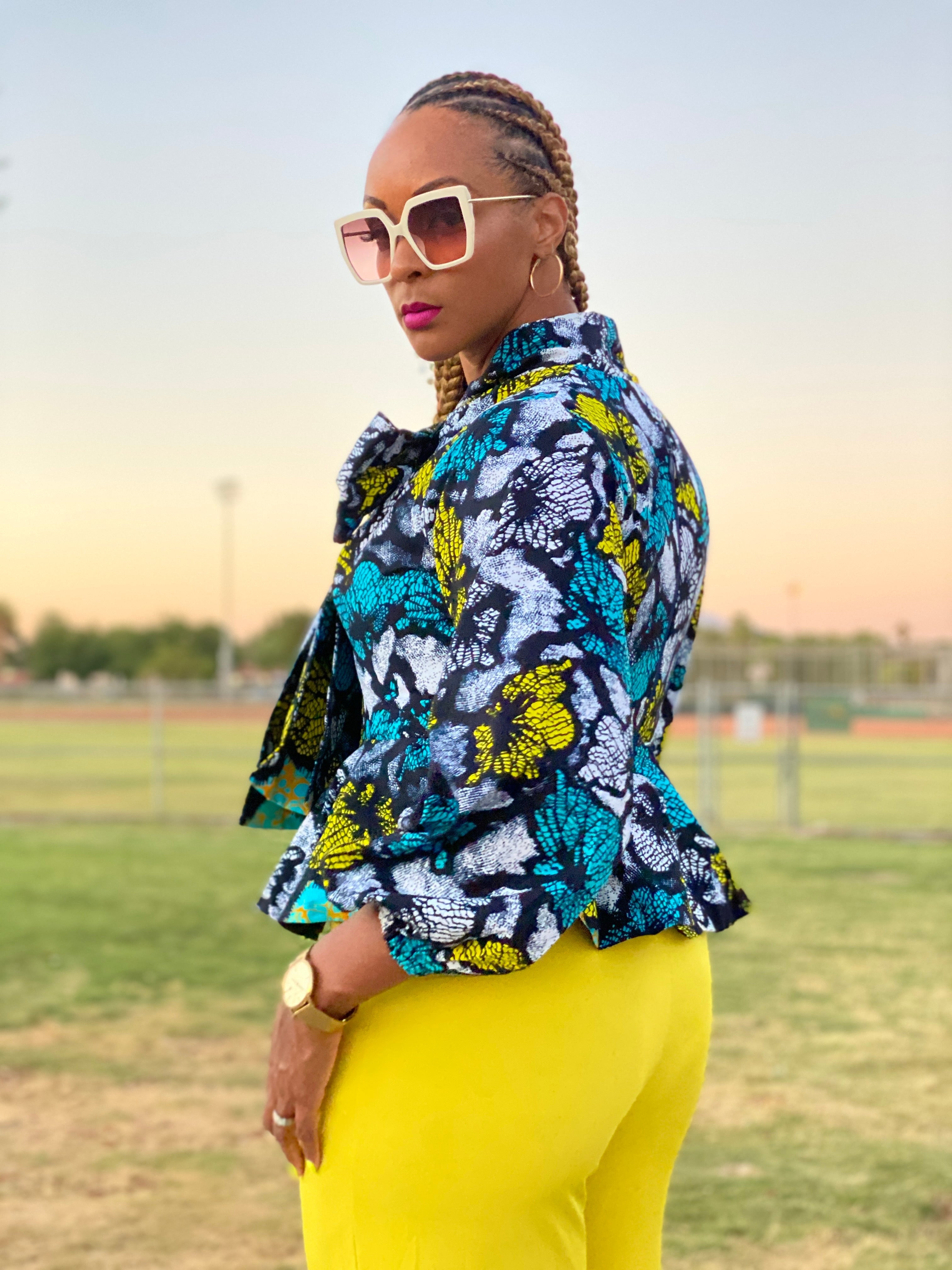 Idara African Print Peplum Top (Teal) NIKI KAY