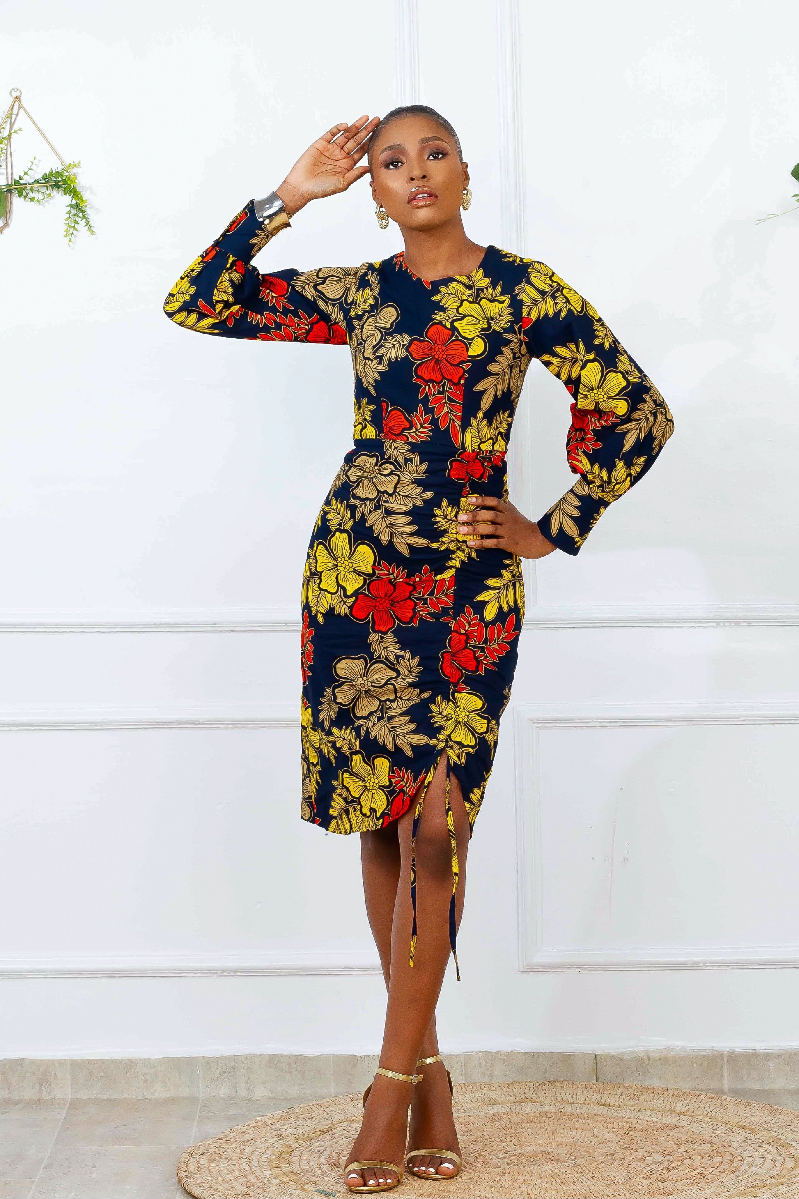 Kike African Print Drawstring Dress (Black Multi) NIKI KAY