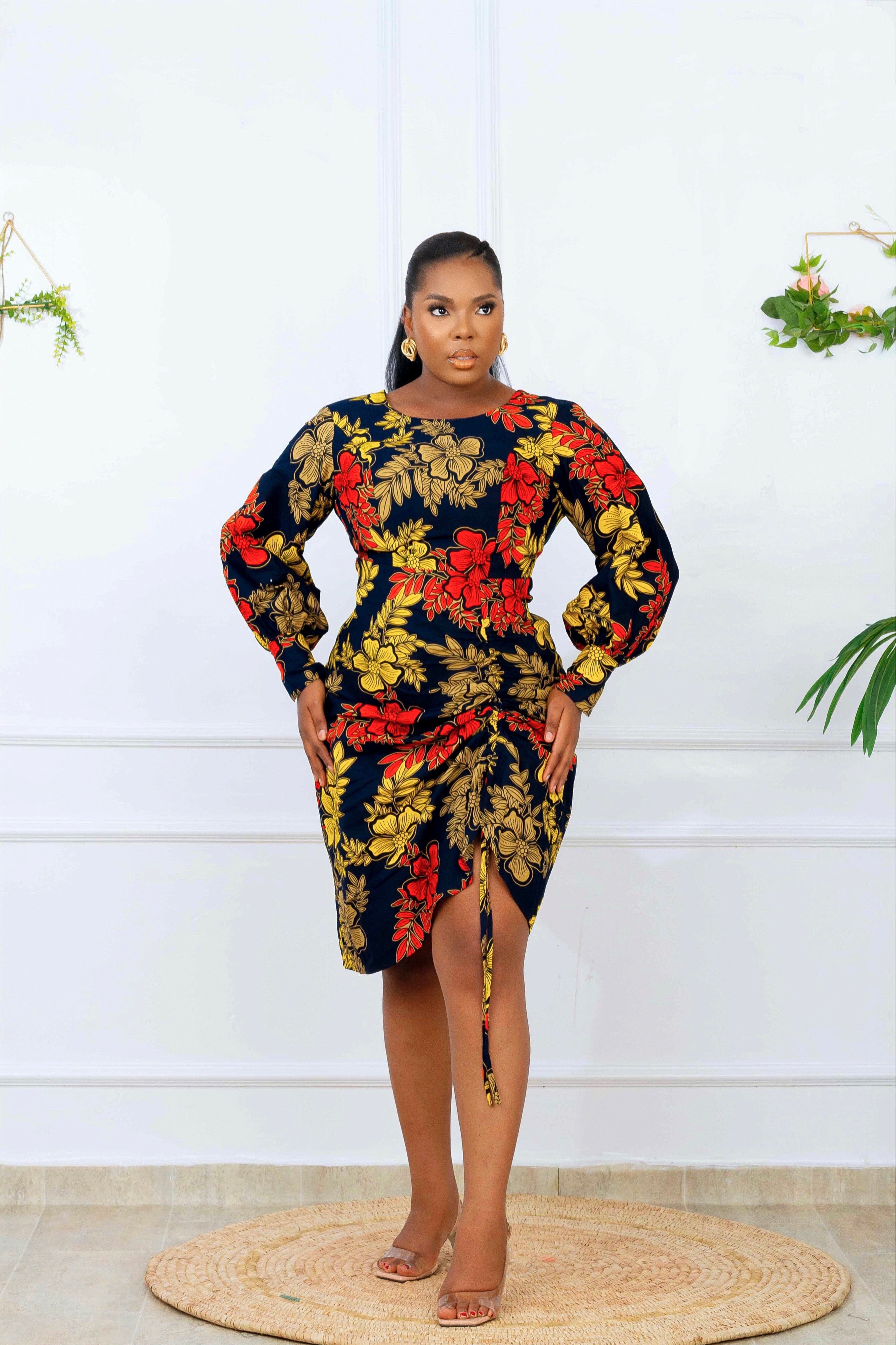 Kike African Print Drawstring Dress (Tan Multi)