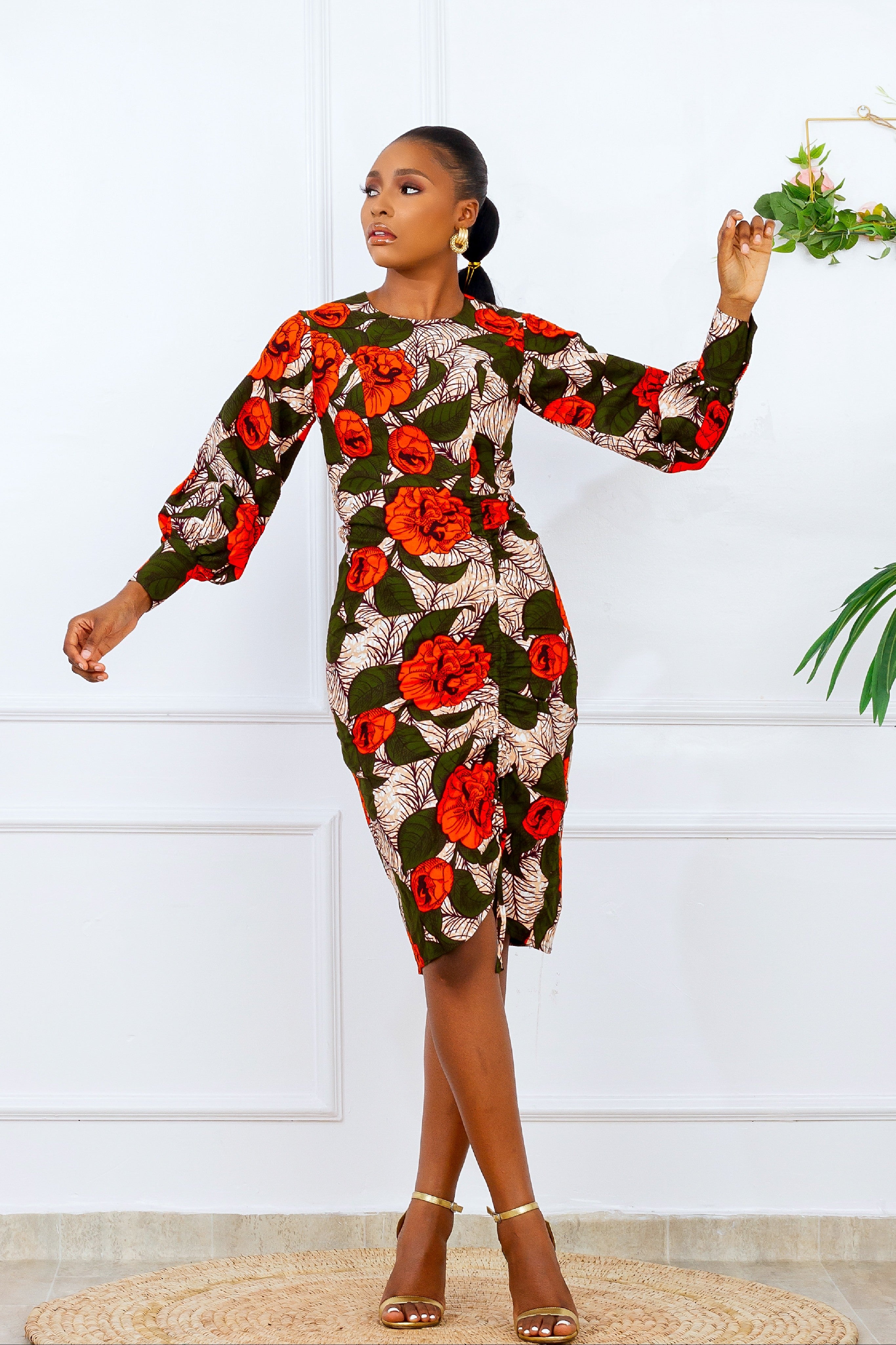 Kike African Print Drawstring Dress (Tan Multi)