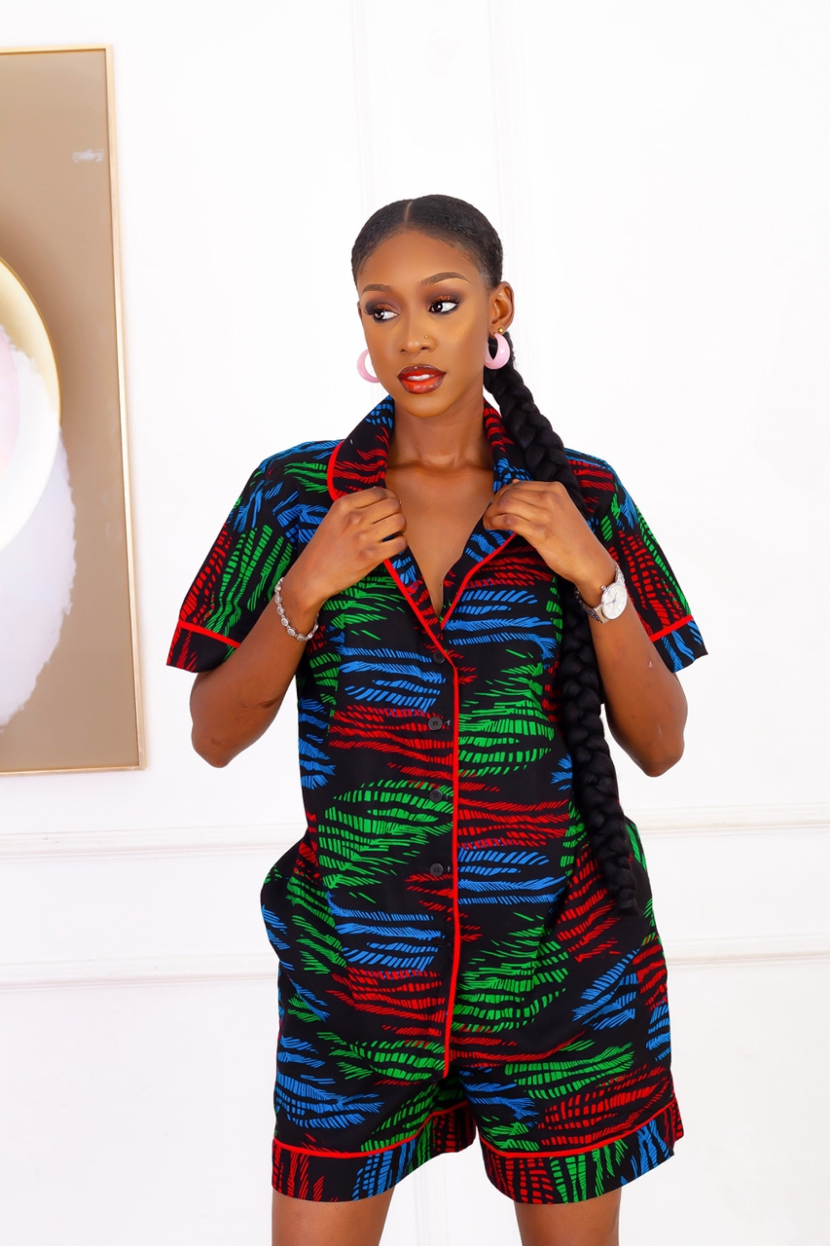 Kimani African Print Shirt & Shorts Set (Black)