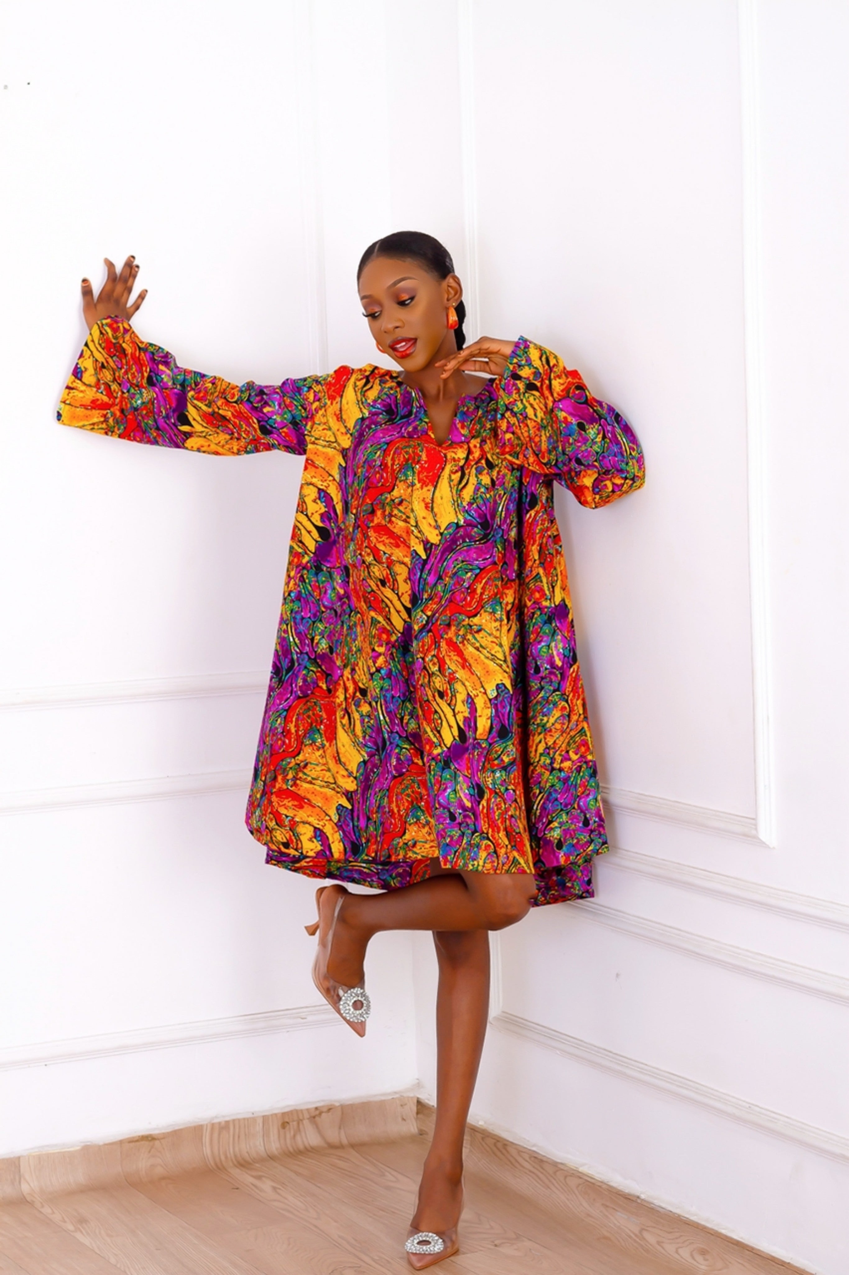 Lade African Print Flared Dress (Orange Multi) NIKI KAY