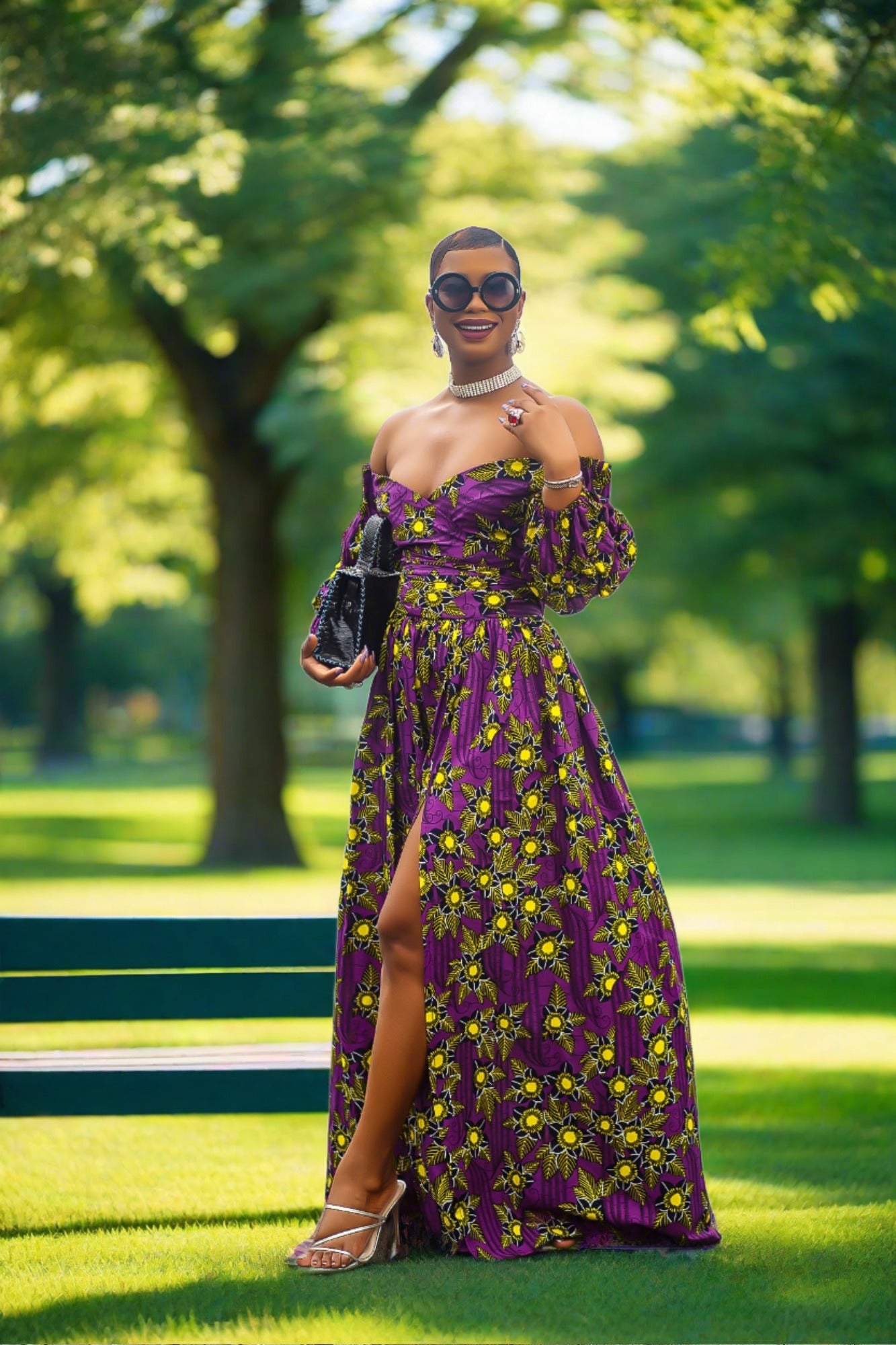A woman wearing a bold purple and yellow African print wrap top with bubble sleeves and a off-the-shoulder neckline.