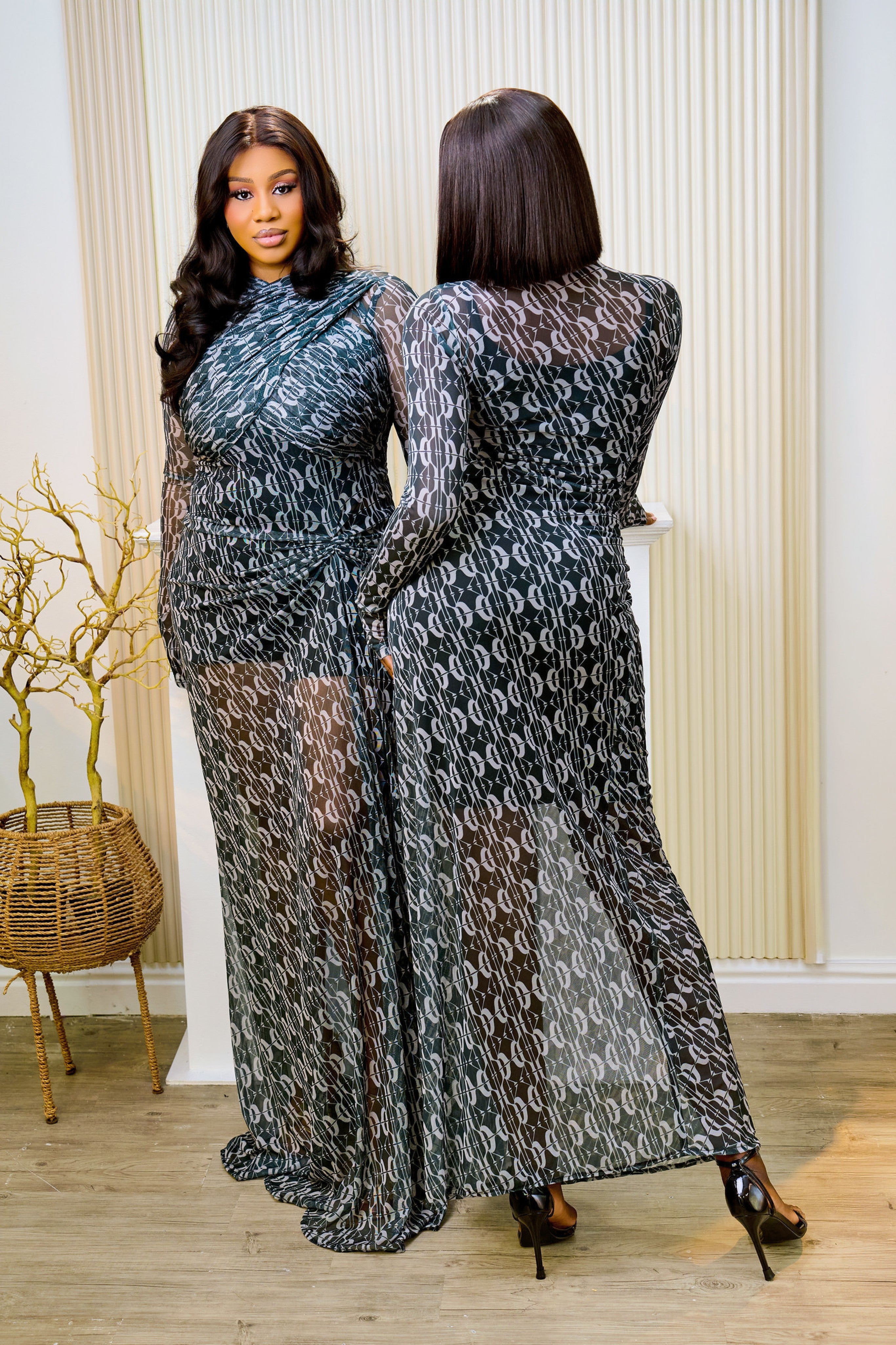 Aadun NK Print Mesh Dress (Black) NIKI KAY