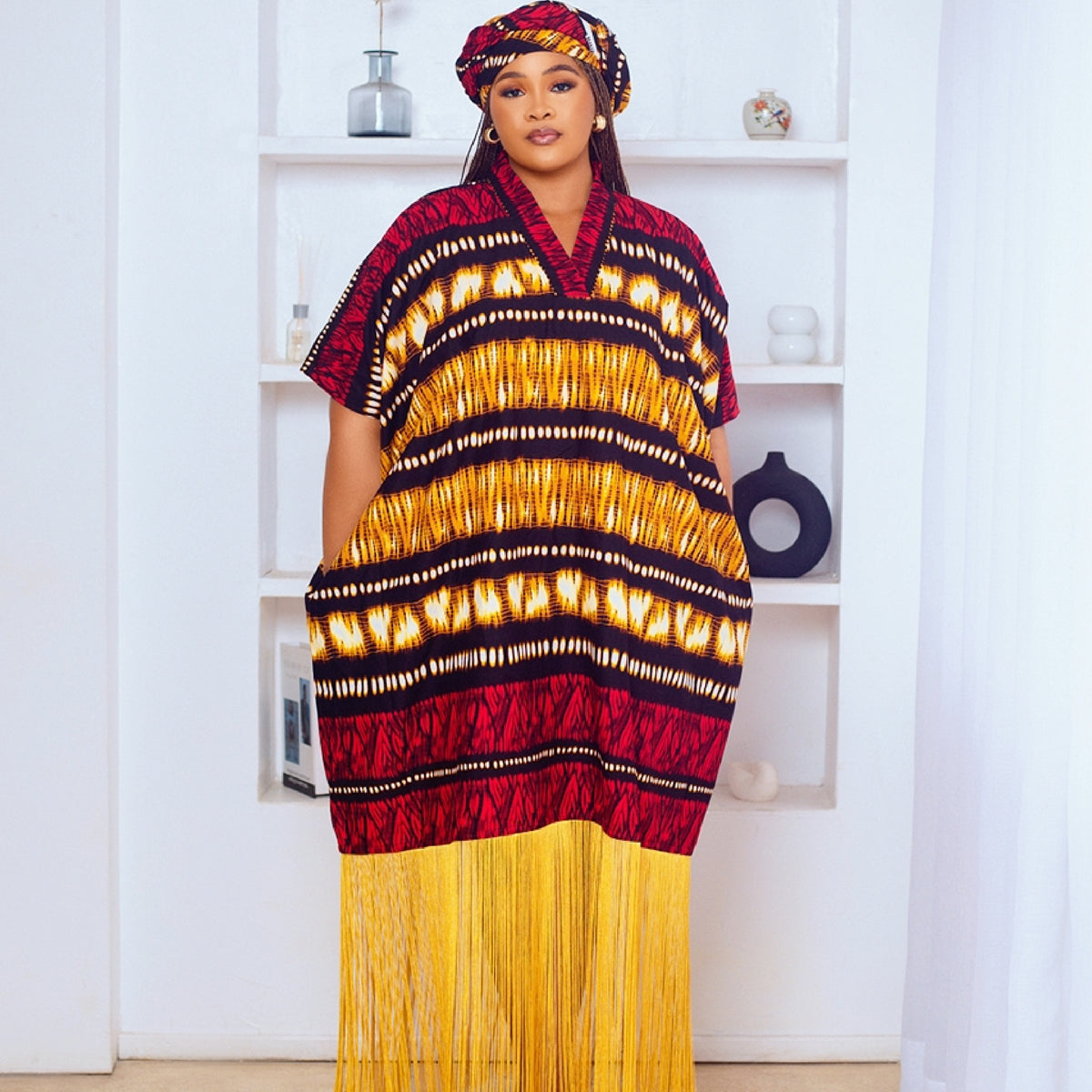 open lace back dress Baddie African Print Boubou Fringe Dress (Multi)
