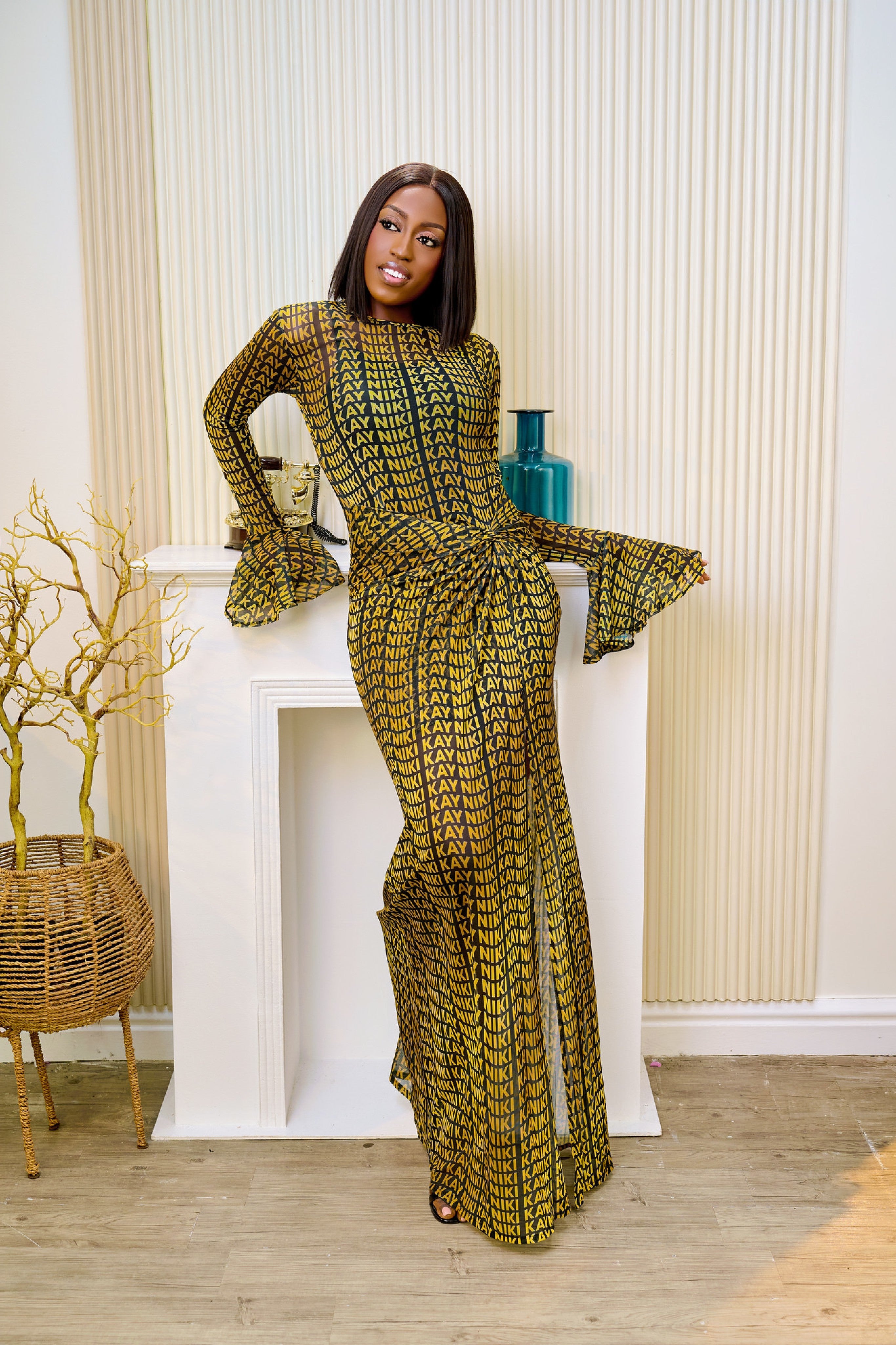 Ayanfe Signature Monogram Mesh Dress (Black & Gold) NIKI KAY