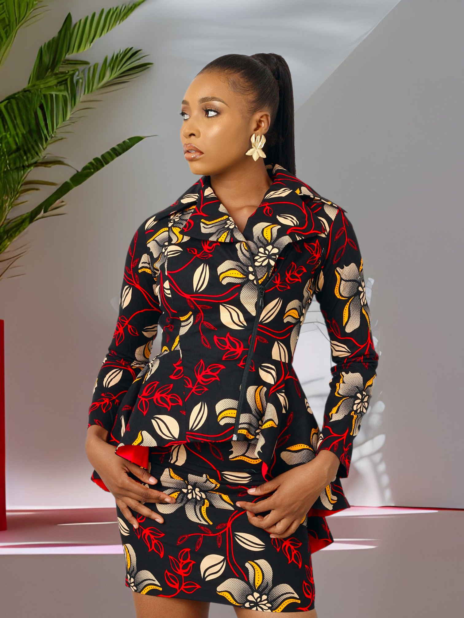 Deola African Print Biker Jacket & Skirt Set