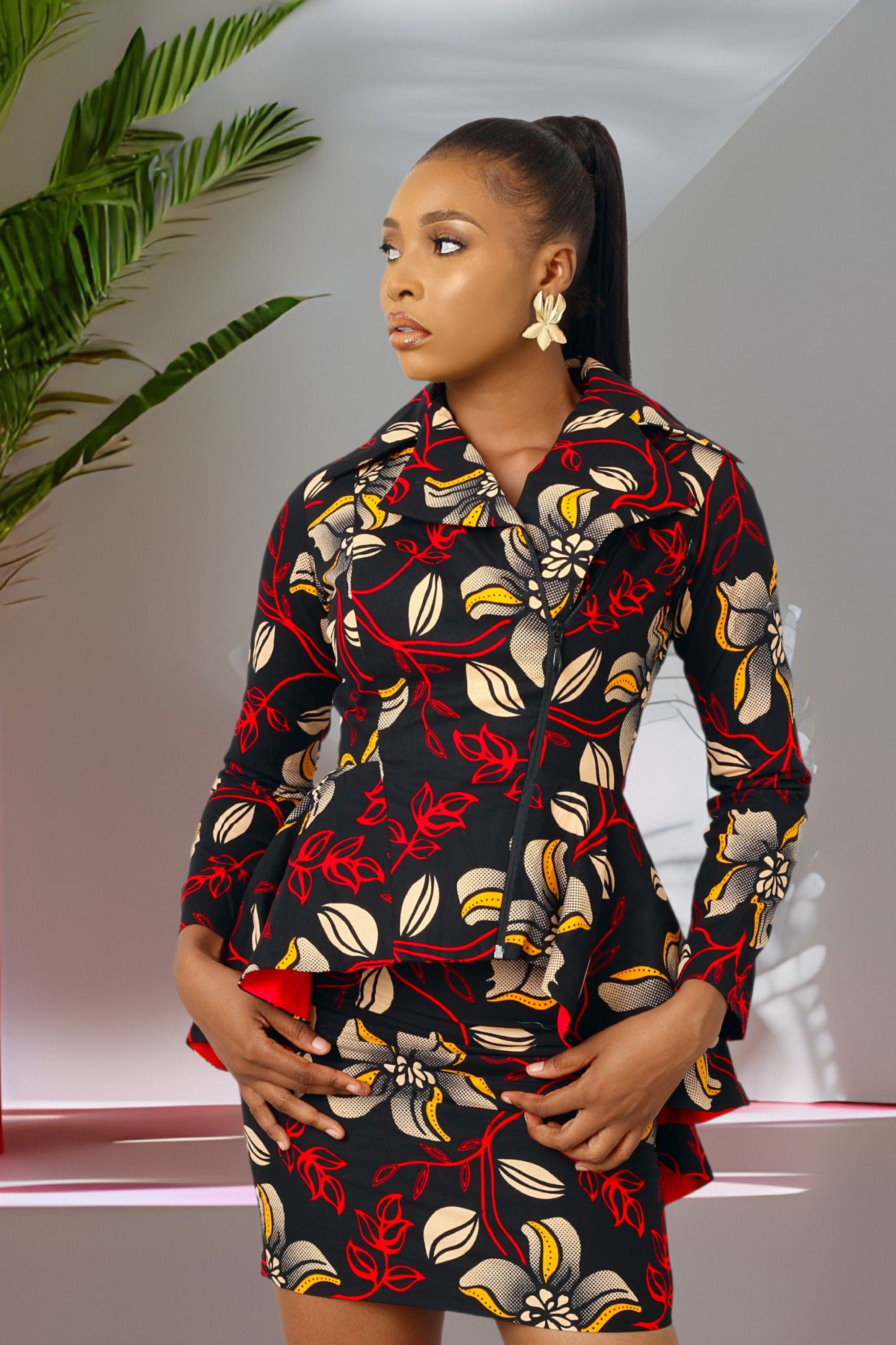 Deola African Print Biker Jacket & Skirt Set