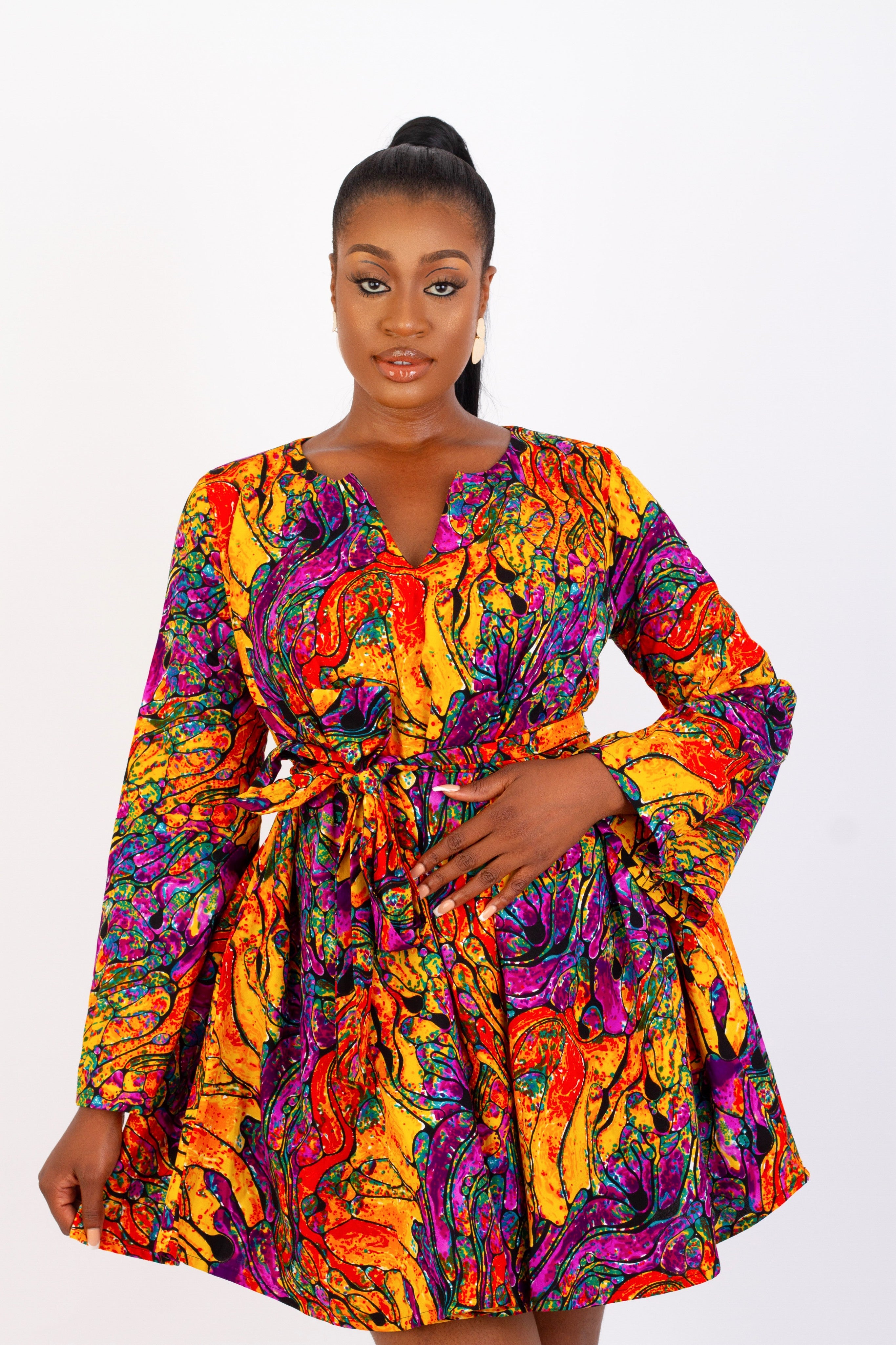 LADE AFRICAN PRINT FLARED DRESS (ORANGE MULTI)