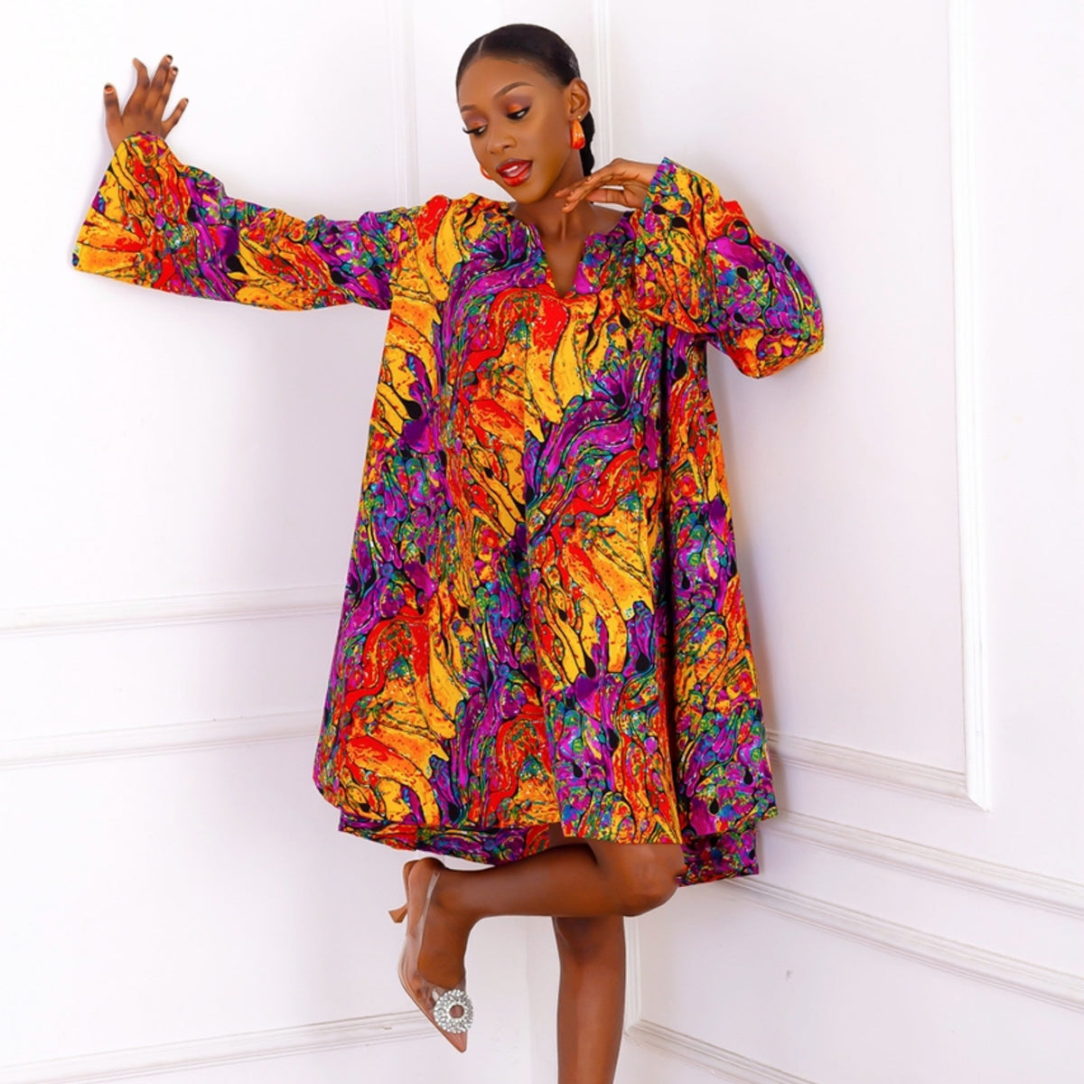 Lade African Print Flared Dress (Orange Multi)
